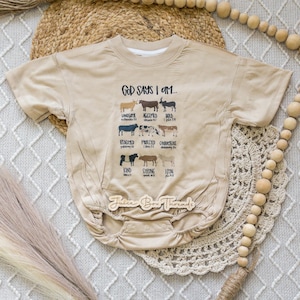 May include: A beige baby onesie with the text "GOD SAYS I AM..." and illustrations of animals with words like "Handsome", "Accepted", and "Bold". The onesie has short sleeves and a round neckline.