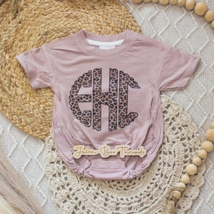 Leopard Monogram Bubble Romper Bodysuit, Oversized Personalized Cheetah Name Shirt, Girls Monogram Tee, Girls Name Romper, CPSC Compliant image 14