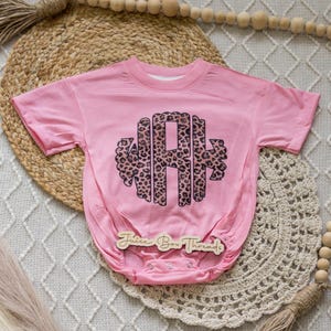 Leopard Monogram Bubble Romper Bodysuit, Oversized Personalized Cheetah Name Shirt, Girls Monogram Tee, Girls Name Romper, CPSC Compliant image 4