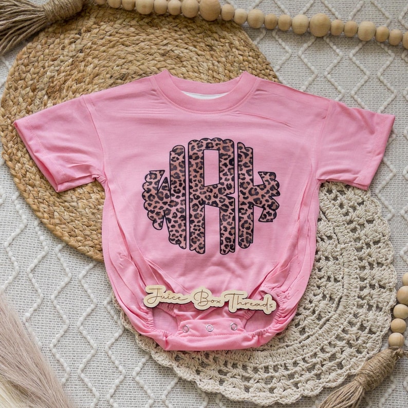 Leopard Monogram Bubble Romper Bodysuit, Oversized Personalized Cheetah Name Shirt, Girls Monogram Tee, Girls Name Romper, CPSC Compliant image 4