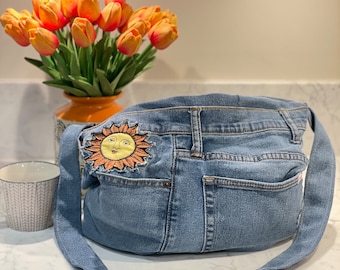 Up Cycled denim slouch bag, with Lucy & Yak Sun patch