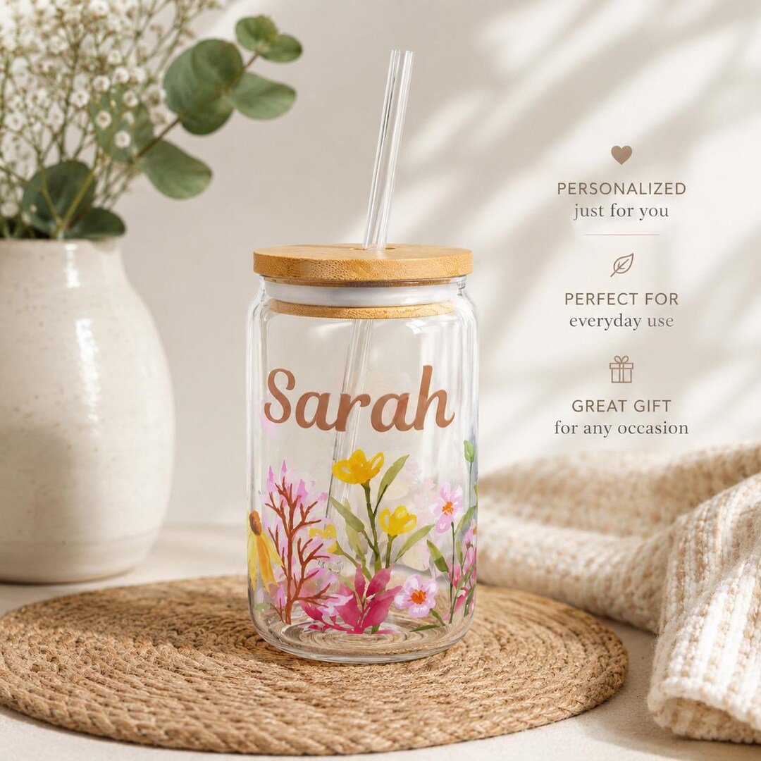 Personalized Floral Glass Can Tumbler With Bamboo Lid and Glass Straw ...