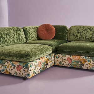 CUSTOM Mid-Century 1970's Modular Floral Green Velvet Sofa