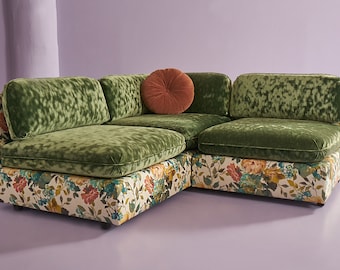 CUSTOM Mid-Century 1970&#39;s Modular Floral Green Velvet Sofa