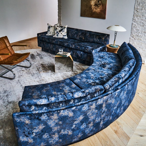 CUSTOM Milo Baughman Style Curved 2 Piece Galaxy Blue Sectional