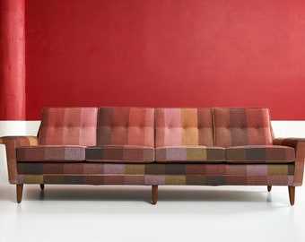 CUSTOM Mid-Century DUX Rainbow Pink Wool Plaid Sofa- Fully Rehabbed