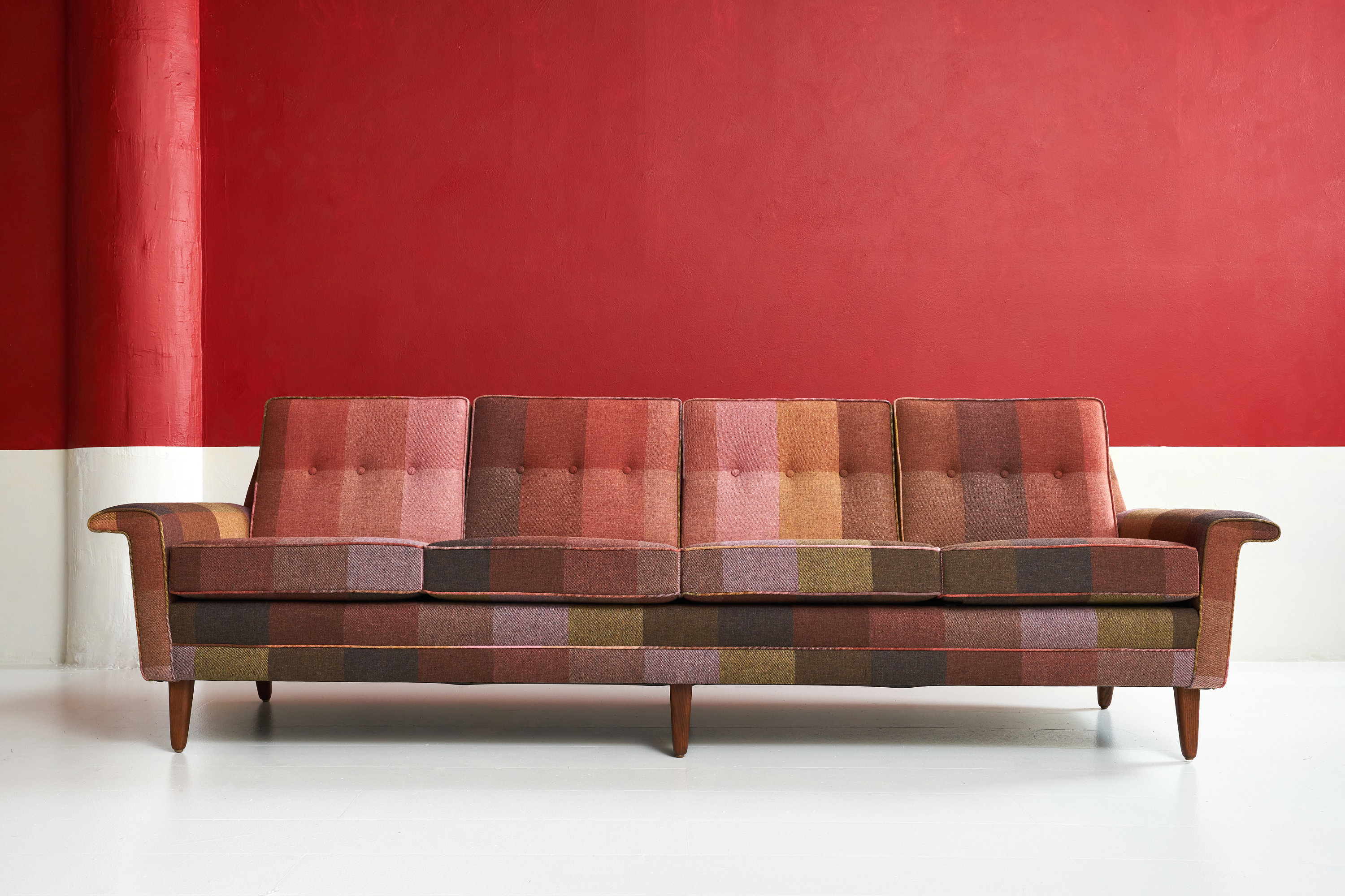 CUSTOM Mid-century DUX Rainbow Pink Wool Plaid Sofa- Fully Rehabbed