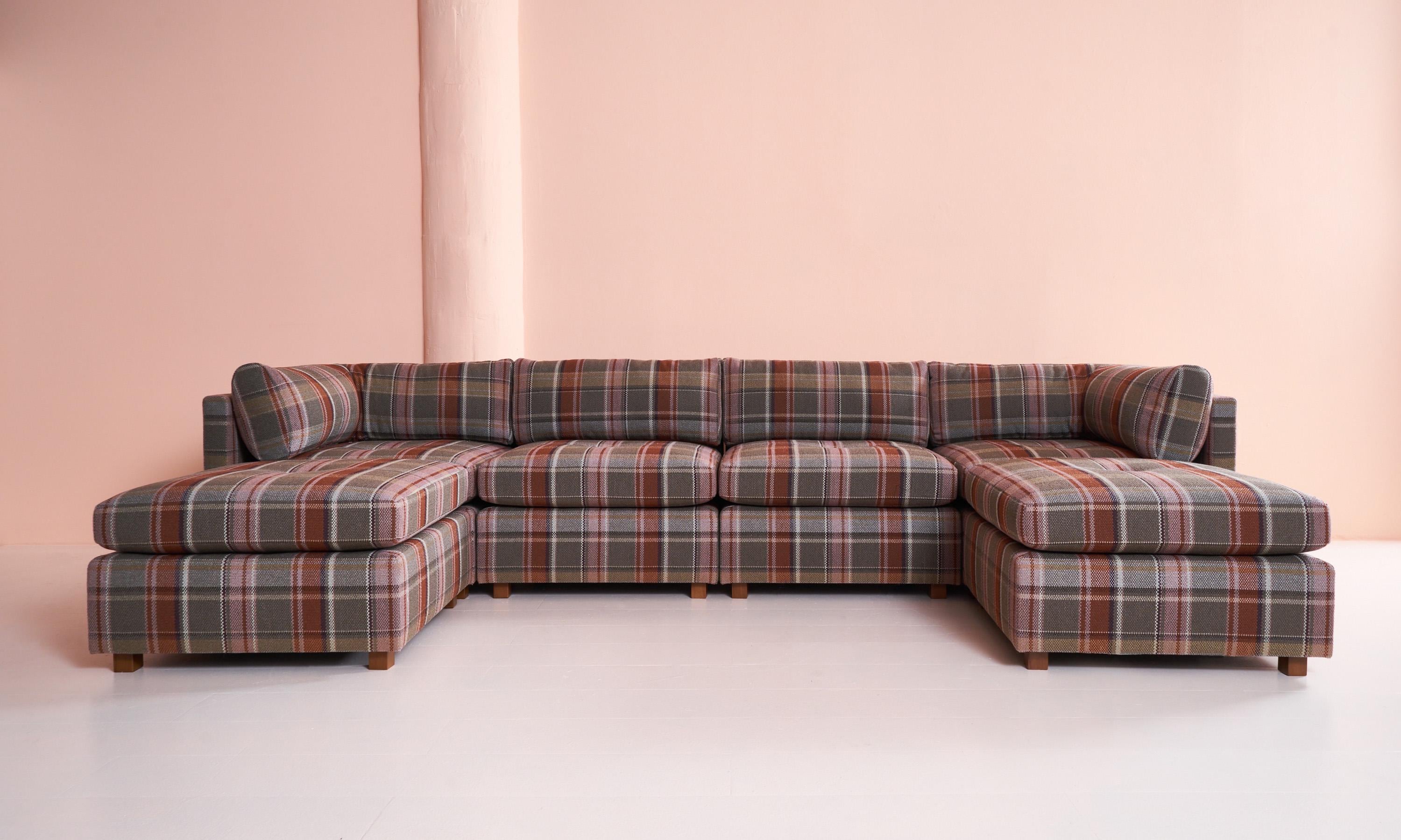 CUSTOM  Mid Century Milo Baughman Style Plaid Pit Sofa