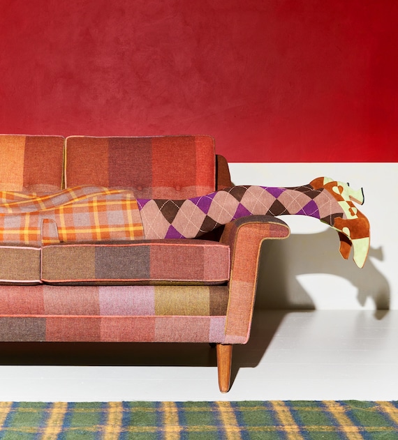 CUSTOM Mid-century DUX Rainbow Pink Wool Plaid Sofa- Fully Rehabbed