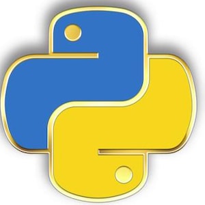 May include: Two gold-colored metal pins featuring the Python programming language logo. The logo is a blue snake curled into a circle with a yellow background. One pin has the word "python" in gold lettering below the logo.