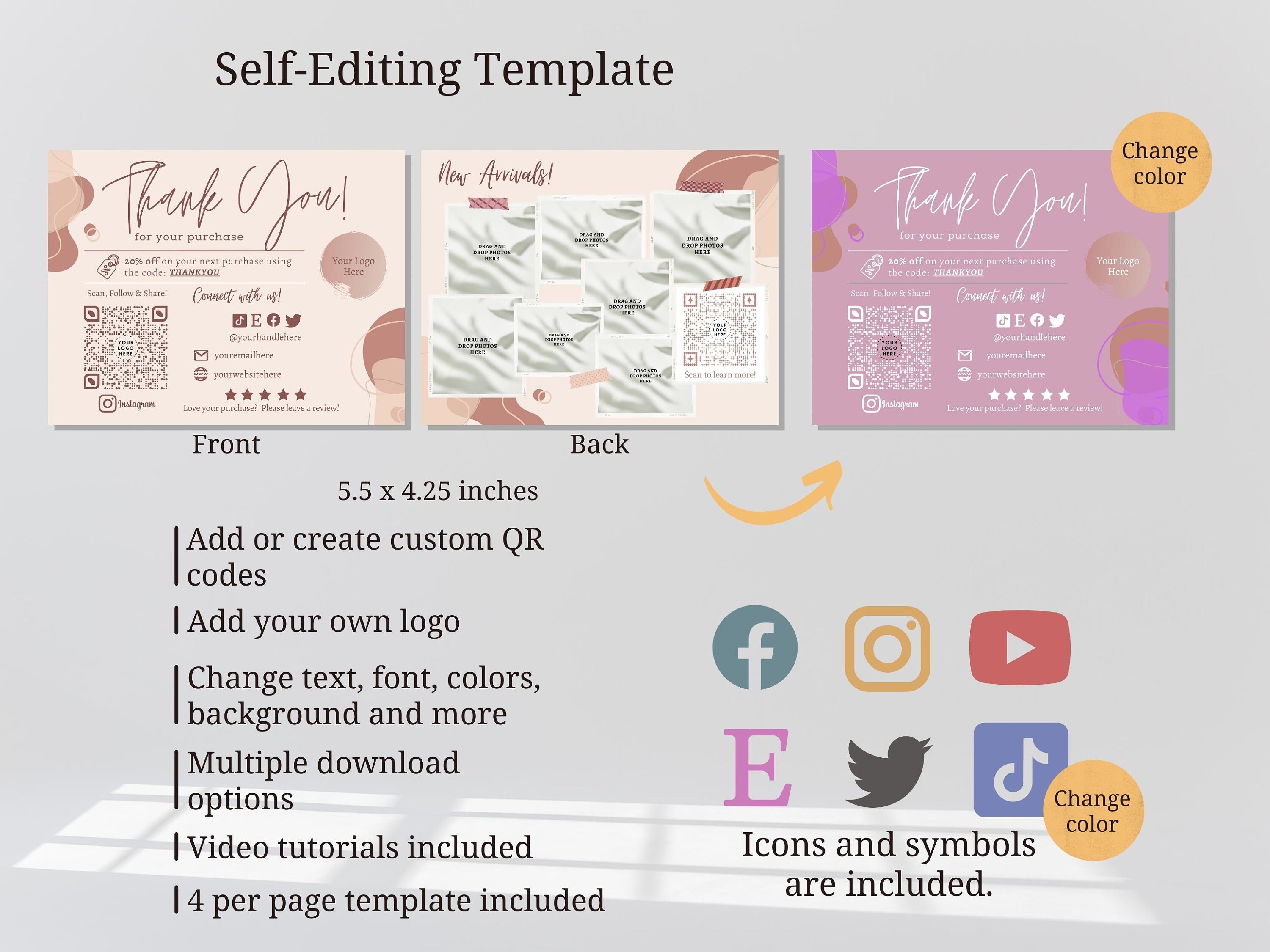 Custom printable thank you cards qr code business template etsy