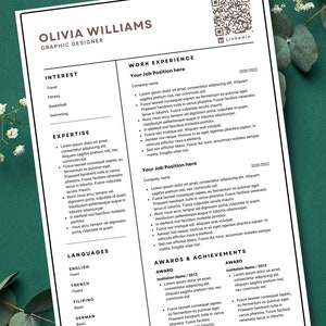 Minimal Resume Template QR Code Professional Resume Template - Etsy