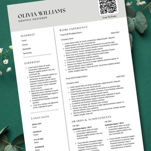 Minimal Resume Template QR Code Professional Resume Template - Etsy
