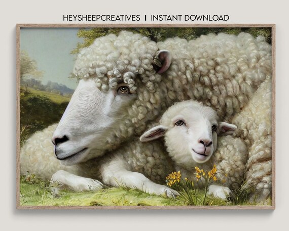 Vintage Sheep With Baby Lamb Painting Printable Digital Home - Etsy