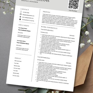 Minimal Resume Template QR Code Professional Resume Template - Etsy