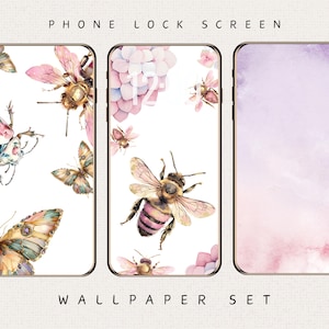 May include: A phone lock screen and wallpaper set with watercolour illustrations of bees, butterflies, and flowers in pink, gold, and purple hues. The text "PHONE LOCK SCREEN" and "WALLPAPER SET" are visible.