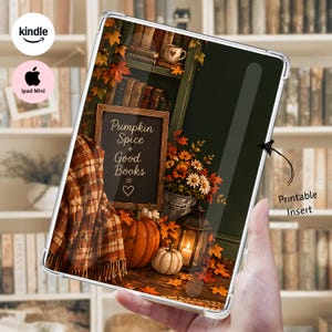 Gezellige herfst Kindle-achtergrond | Kindle-inlegvel met pompoenkruiden en boekenplank | Herfstachtige Kindle-achtergrond met boeken | Inlegvel voor iPad Mini