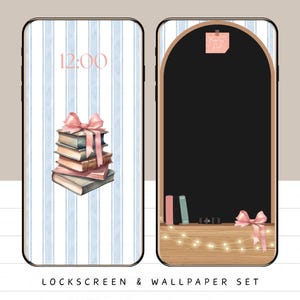 Sfondo per libreria telefonica Born To Read - Grandi icone amichevoli / Set coordinato Blocco schermo e sfondo Fiocco rosa Bookish Lover Book Stack