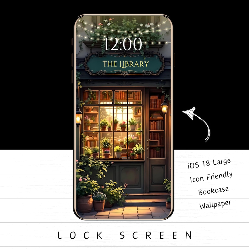 Cosy Library iPhone Wallpaper: Cottagecore-boekenkast (digitale download) afbeelding 2