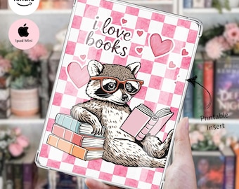 Cute Pink I Love Books Raccoon Printable Insert | Girly Coquette Kindle Insert | Cozy Pastel Bookshop Background