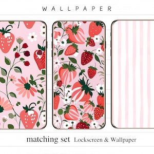 Strawberry Phone Background | Pink and Red Digital Wallpaper | Neutral Aesthetic Phone Lock Screen, Floral Phone Wallpaper, Instant Download