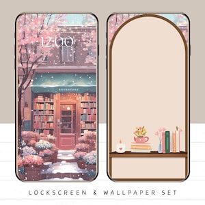 Puede incluir: Un conjunto de pantalla de bloqueo y fondo de pantalla para teléfono que presenta una librería con un cerezo rosa en flor en la nieve. El fondo de pantalla presenta una estantería con una vela y flores.