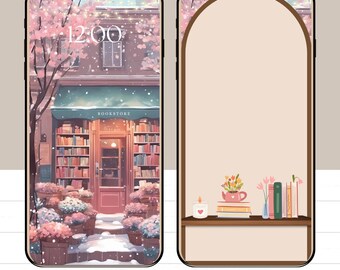 Pink Winter Bookstore Phone Wallpaper: Girly Bookish Lock Screen (Digital Download)