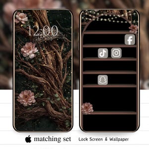 Könnte beinhalten: Passendes Set von Handy-Hintergründen. Einer zeigt ein Baumdesign mit Blumen und die Uhrzeit 12:00. Der andere ist ein Regaldesign mit Social-Media-Symbolen. Der Text lautet "matching set" und "Lock Screen & Wallpaper".