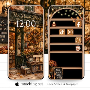 Puede incluir: Un conjunto de fondos de pantalla digitales con temática de librería acogedora. La pantalla de bloqueo muestra una fachada con el texto The Book Nook, mientras que la pantalla de inicio muestra estantes con iconos de aplicaciones y un letrero.