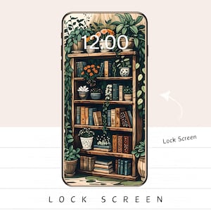 May include: A phone lock screen featuring a wooden bookshelf filled with books and potted plants. The time 12:00 is displayed at the top. The words "LOCK SCREEN" are at the bottom.