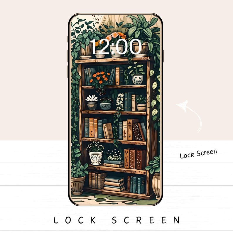 May include: A phone lock screen featuring a wooden bookshelf filled with books and potted plants. The time 12:00 is displayed at the top. The words "LOCK SCREEN" are at the bottom.