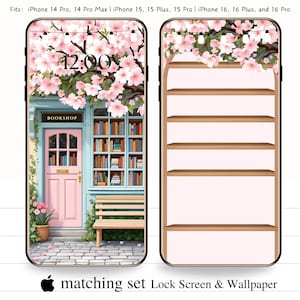 Süßer rosa Buchladen iPhone Wallpaper Lock Screen & Home Set | 14 Pro, 14 Pro Max | 15, 15 Plus, 15 Pro | 16, 16Plus, 16Pro