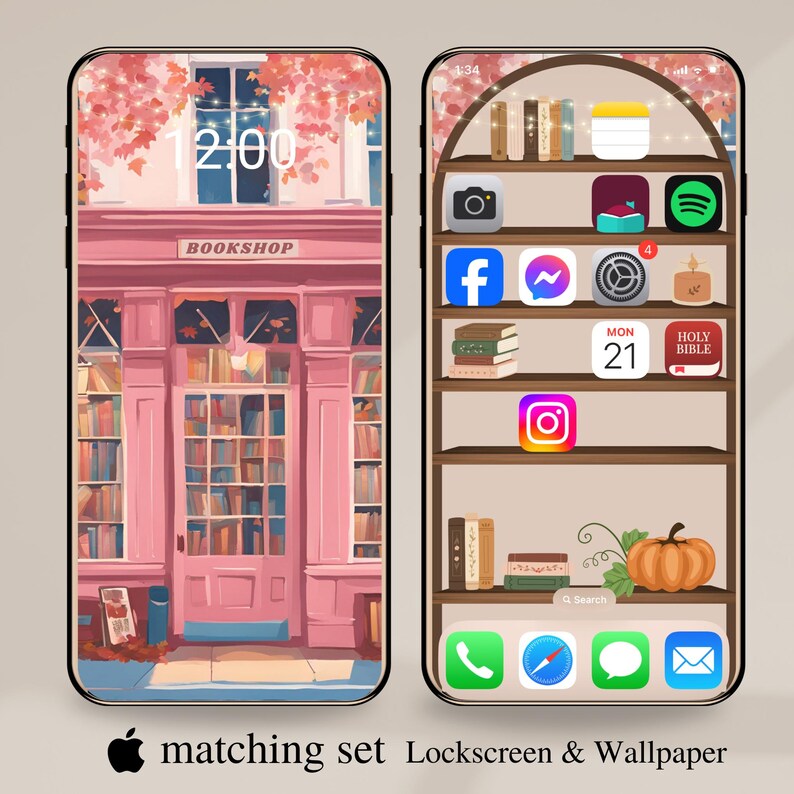 Fall Bookshelf Wallpaper for iPhone Ios 18 Large Icons Friendly