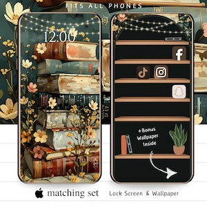 Papel de parede vintage para iPhone da Bookstack: Estante e flores (download digital)