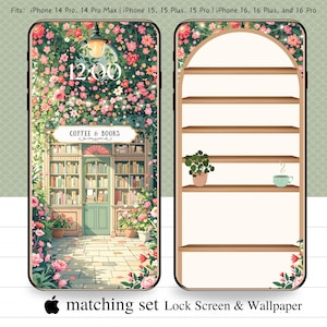 Puede incluir: Un conjunto a juego de pantalla de bloqueo y fondo de pantalla para iPhone. La pantalla de bloqueo presenta un diseño floral con una fachada de librería y el texto "COFFEE & BOOKS". La hora mostrada es 12:00. El fondo de pantalla muestra una estantería con una planta y una taza de té.