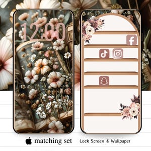 May include: A matching set of phone lock screen and wallpaper featuring a floral design with pink and white flowers. The lock screen displays the time, while the wallpaper has social media icons and shelves. The text reads "matching set" and "Lock Screen & Wallpaper".