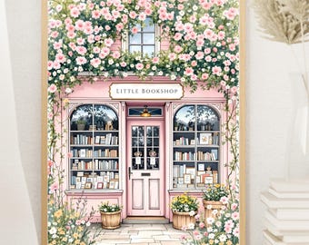 Peut inclure: Une impression encadrée à l'aquarelle d'une librairie rose, nommée "Little Bookshop", ornée de fleurs roses et de verdure. Les fenêtres montrent des étagères de livres. Des fleurs en pot et un chemin pavé complètent la scène charmante.