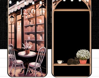 Cafe Bookshelf Wallpaper for iPhone iOS 18+ Large Icons Friendly and All Smartphones | Matching Set Lock Screen & Wallpaper