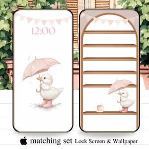 May include: A matching set of phone wallpapers. One wallpaper features a duckling with a pink umbrella and boots. The other wallpaper shows a bookshelf with a duckling, a cup of coffee, and a pink umbrella. The time 12:00 is displayed on the lock screen.