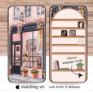 Puede incluir: Un diseño de funda de teléfono con una fachada de librería rosa con detalles florales y la palabra "BOOKSTORE". El fondo de pantalla de bloqueo a juego muestra una estantería con iconos de redes sociales y el texto "+ Bonus Wallpaper Inside".