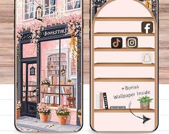 Cozy Cute Pink Bookstore iPhone Wallpaper Lock Screen & Home Set | For All Smartphones, No Shelving Bonus Option
