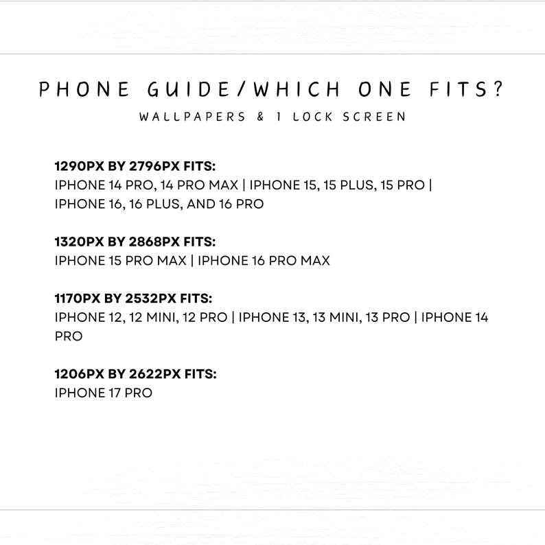 May include: A white graphic with the text "PHONE GUIDE/WHICH ONE FITS?" lists phone models and screen resolutions. Compatible with iPhone 12, 13, 14, 15, 16, and 17 Pro models. Includes wallpapers and lock screen.
