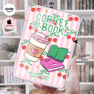 Kindle Pink Coffee And Books Printable Insert | Girly Coquette Kindle Insert | Cozy Pastel Kindle Background | iPad Mini Insert