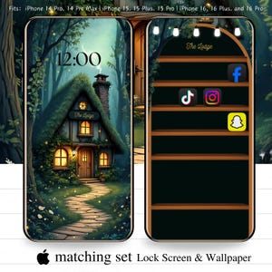 Sfondo per iPhone The Lodge Cottage, schermata di blocco con icone grandi e set Home, 14 Pro, 14 Pro Max / 15, 15 Plus, 15 Pro / 16, 16 Plus, 16 Pro