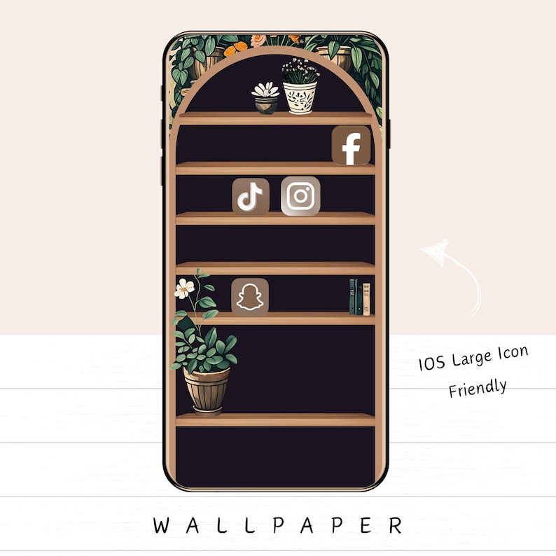 May include: A digital wallpaper design featuring a bookshelf with social media app icons. The design includes potted plants and the text "IOS Large Icon Friendly" and "Wallpaper". The background is a light beige color.