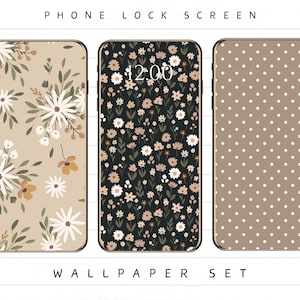 May include: A phone lock screen wallpaper set featuring three different designs. The first has a beige background with white and tan floral patterns. The second has a black background with white and tan floral patterns and the time 12:00. The third has a tan background with white polka dots.
