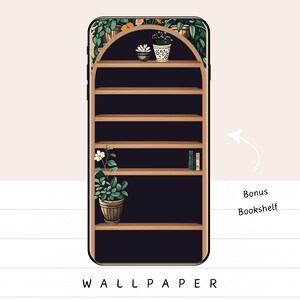 May include: A digital wallpaper design featuring a bookshelf with potted plants and books. The design includes a wooden bookshelf with several shelves, a black background, and a floral arch. The word "WALLPAPER" is at the bottom.