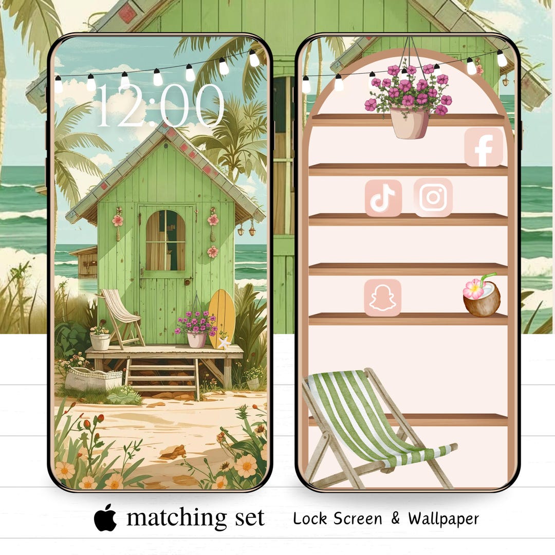 Cute Beach Shack iPhone Bookshelf Wallpaper Set | Green & Pink Coastal ...
