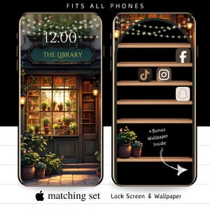 Cozy Library iPhone Wallpaper: Cottagecore Bookcase (Digital Download)