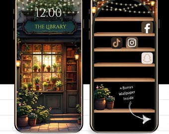 Cozy Library iPhone Wallpaper: Cottagecore Bookcase (Digital Download)